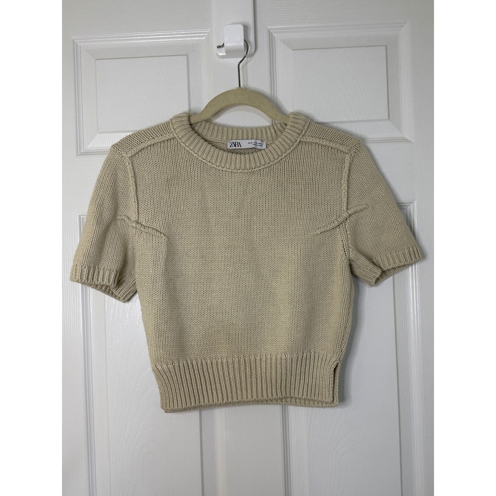 Zara Short Sleeve Knit Sweater Womens Medium Beige Excellent Cropped Ribbed Seam